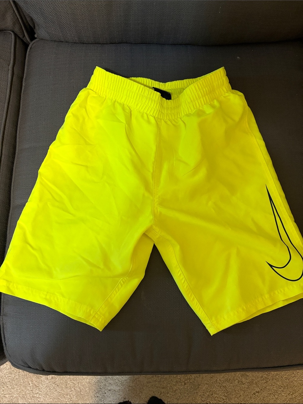 Nike Men's Neon Yellow Athletic Shorts with Black Swoosh